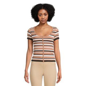 No Boundaries Juniors Seamless Button Front Tee-Winter White